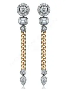 A pair of earrings with chains and diamonds.