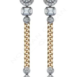 A pair of earrings with chains and diamonds.