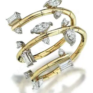 A gold and diamond ring with two rows of diamonds.