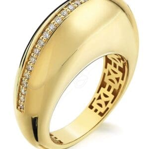 A gold ring with diamonds on it's side.