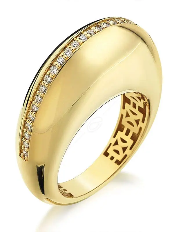 A gold ring with diamonds on it's side.